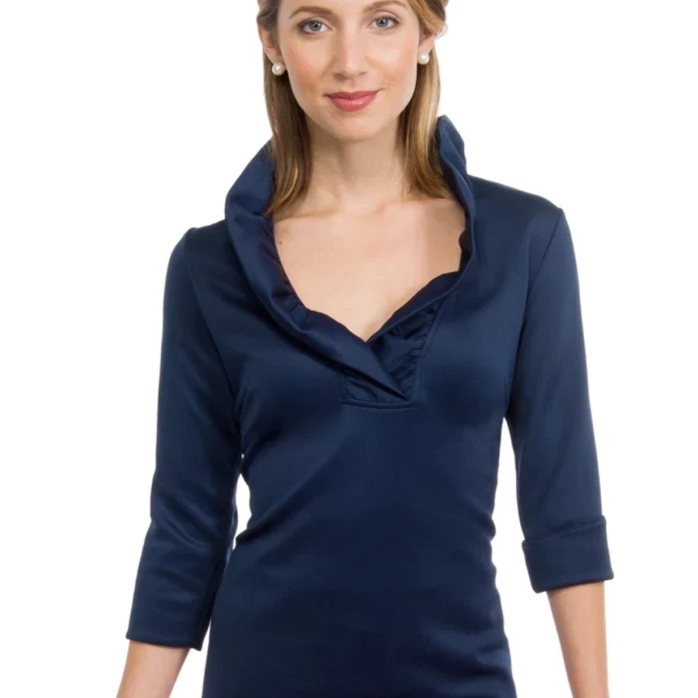 Gretchen Scott Designs Navy Blue 3/4 Sleeve Ruffle Collar Top